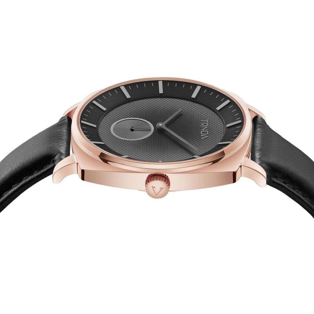 TRNDA Men's Rose Gold Stainless Steel Watch, Black Leather | TRN045MM-2