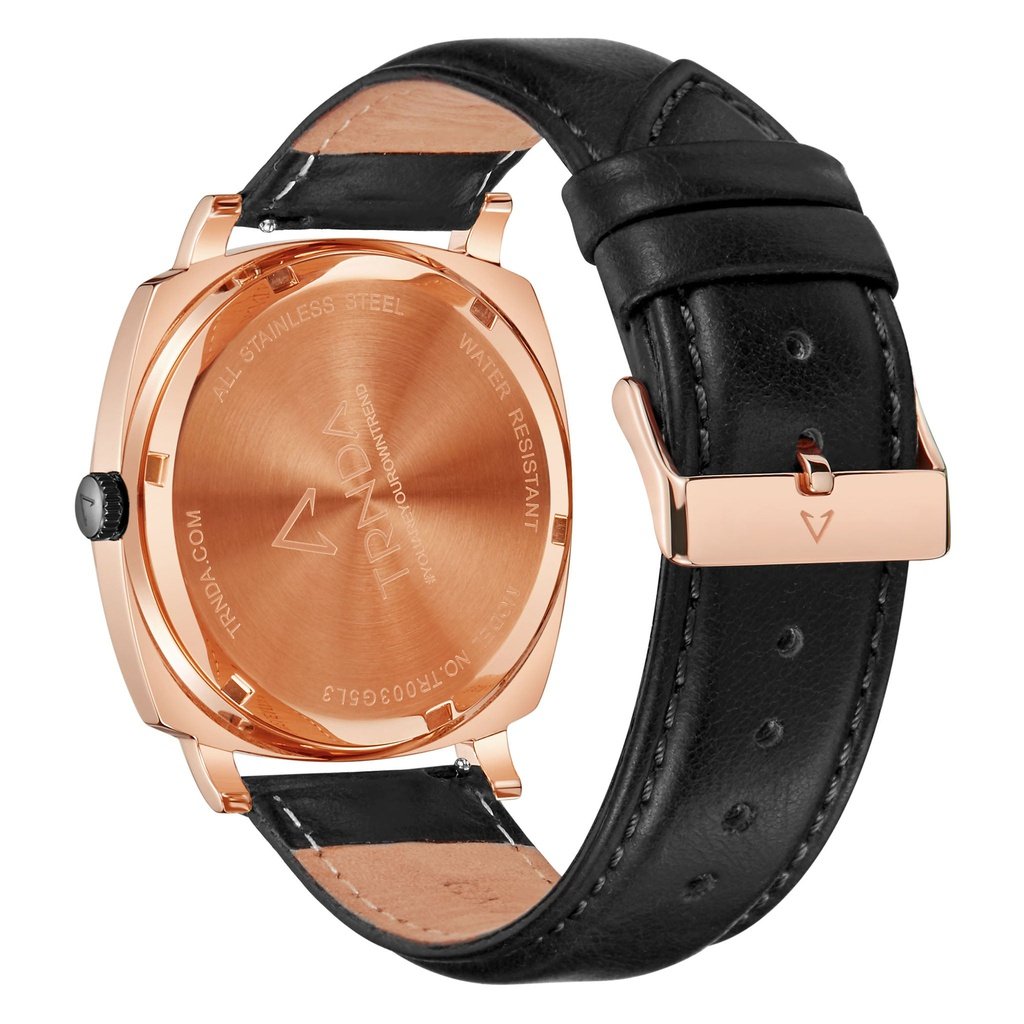 TRNDA Men's Rose Gold Stainless Steel Watch, Black Leather | TRN045MM-3