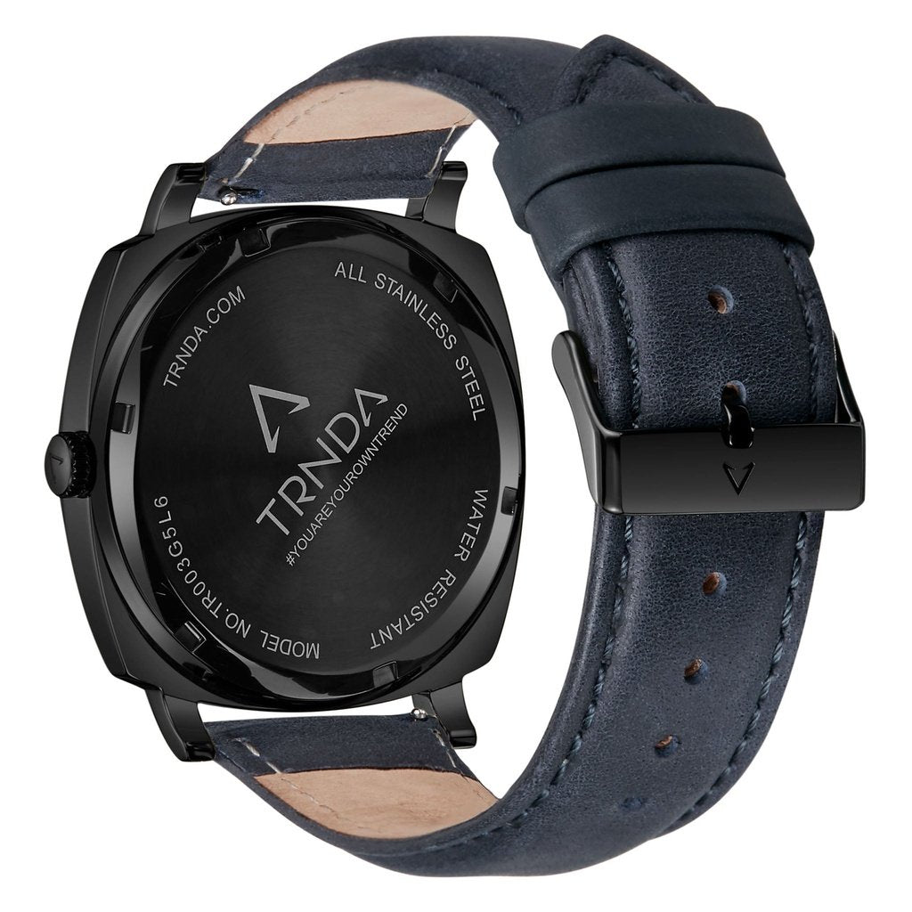 TRNDA Men's Black Stainless Steel Watch, Blue Leather Band | TRNDBK45-3