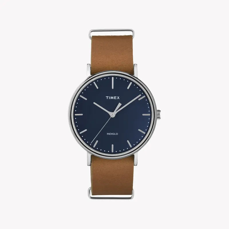 Timex Men's Brass Watch, Blue Dial, Tan Leather | TW2P97800-0