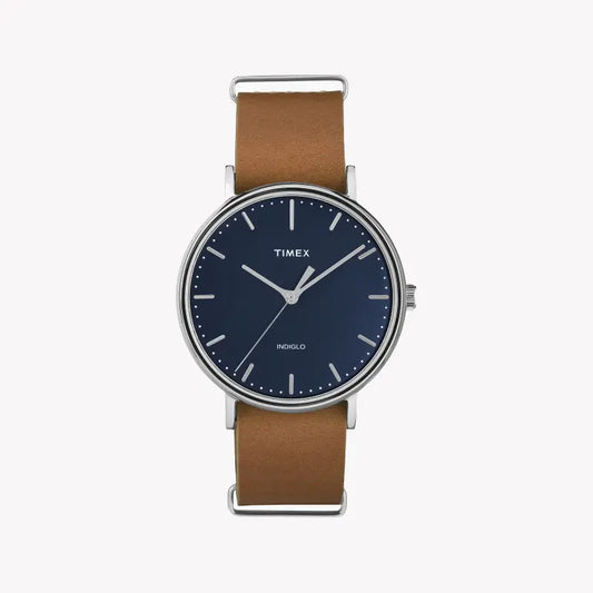 Timex Men's Brass Watch, Blue Dial, Tan Leather | TW2P97800-0