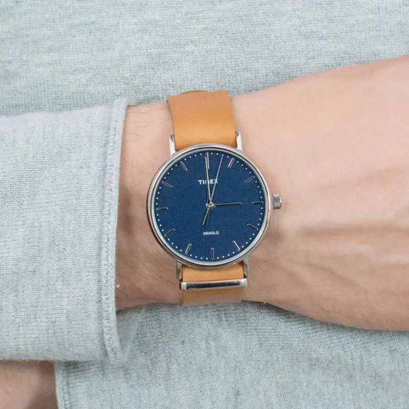 Timex Men's Brass Watch, Blue Dial, Tan Leather | TW2P97800-3