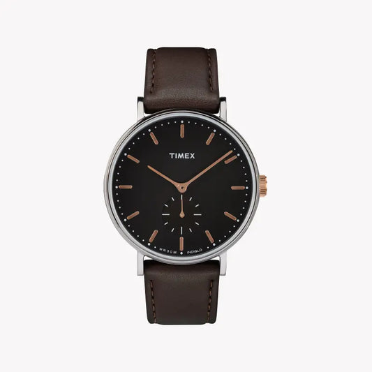 Timex Men's Brown Leather Watch, Black Dial | TW2R38100-0