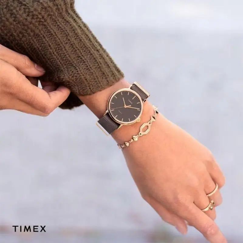 Timex Women's Black Fabric Watch, Brass Gold Case | TW2R49200-3
