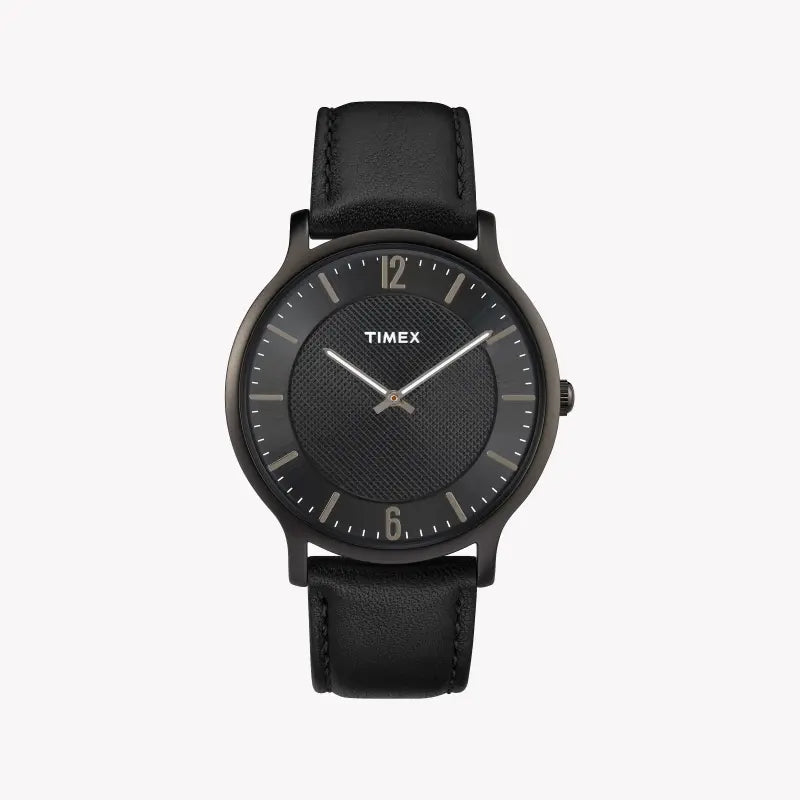 Timex Men's Black Leather Watch, Black Dial | TW2R50100-0