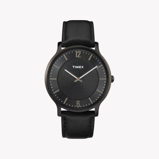 Timex Men's Black Leather Watch, Black Dial | TW2R50100-0