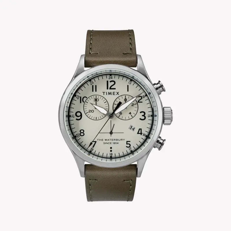 Timex Men's Green Leather Watch, Off White Dial | TW2R70800-0