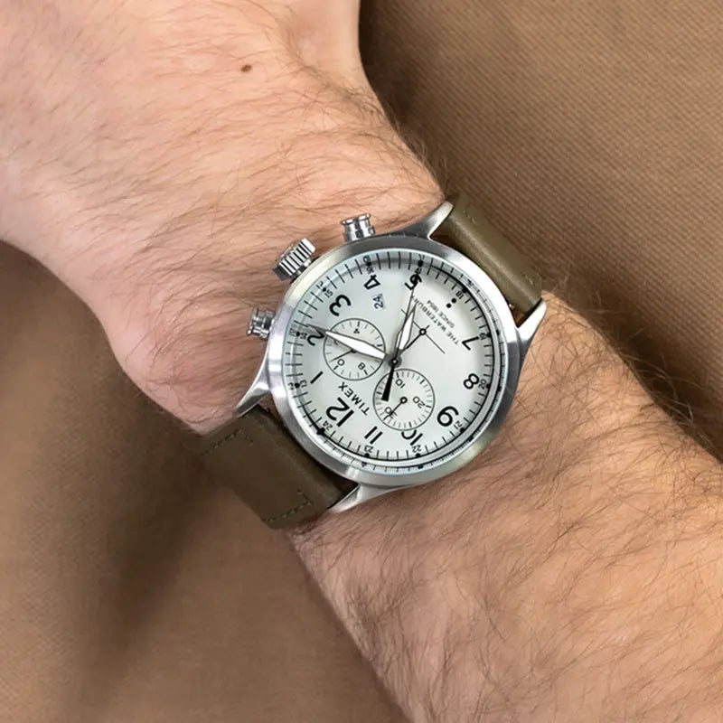 Timex Men's Green Leather Watch, Off White Dial | TW2R70800-3