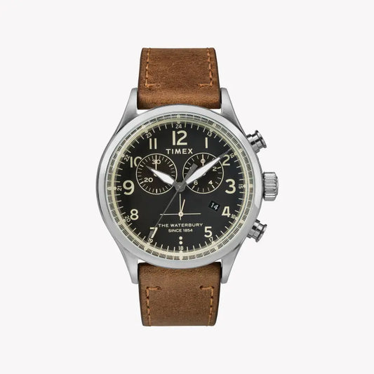Timex Men's Stainless Steel Watch, Black Dial, Tan Leather | TW2R70900-0