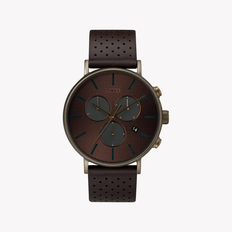 Timex Men's Brown Leather Watch, Gold Dial | TW2R80100-0