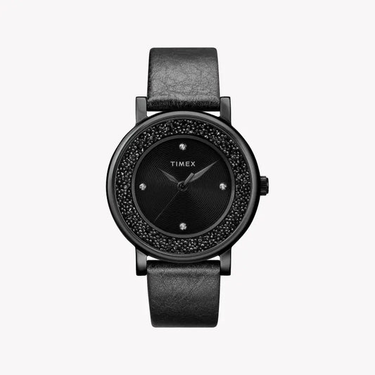 Timex Women's Black Leather Watch, Black Dial | TW2R93000-0