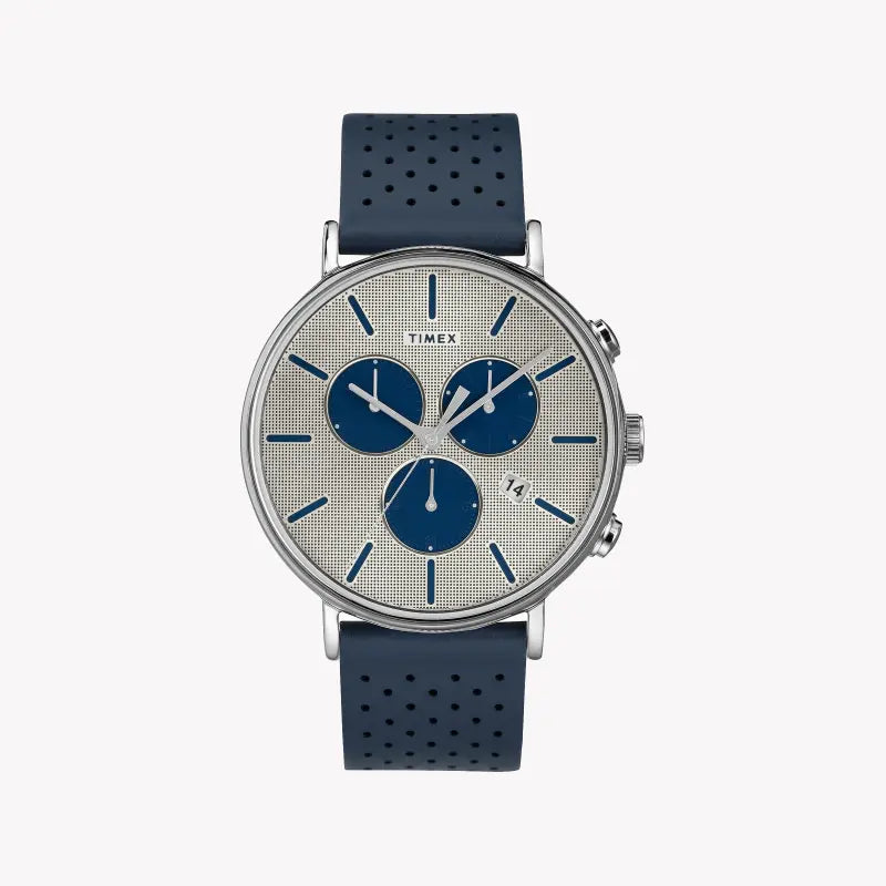 Timex Men's Blue Leather Watch, Silver Dial | TW2R97700-0