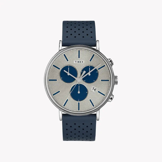 Timex Men's Blue Leather Watch, Silver Dial | TW2R97700-0