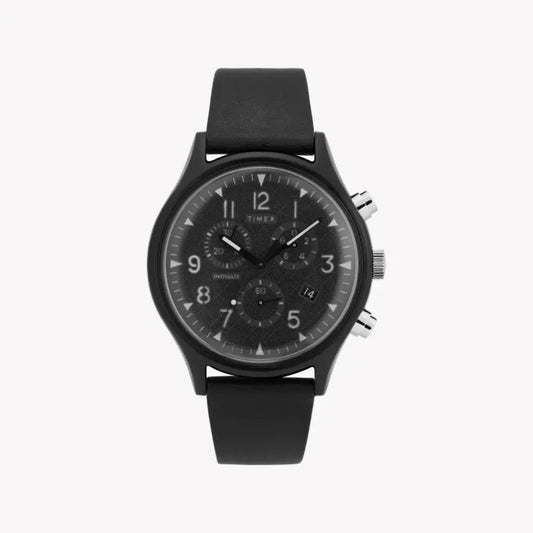 Timex Men's Black Leather Watch, Black Dial | TW2T29500-0