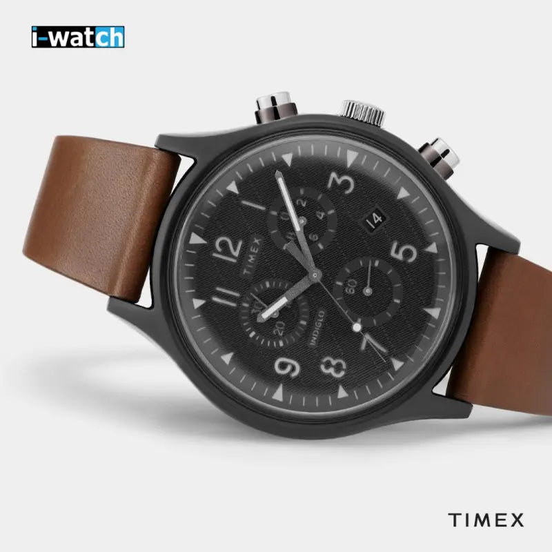 Timex Men's Brown Leather Watch, Black Dial | TW2T29600-3