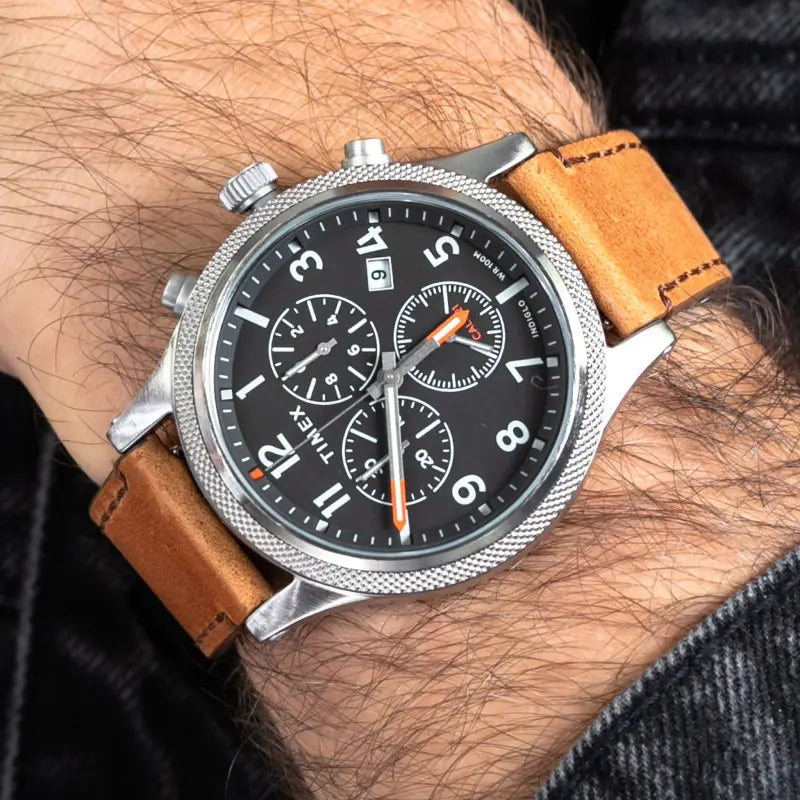 Timex Men's Brass Brown Leather Watch, Black Dial | TW2T32900-3