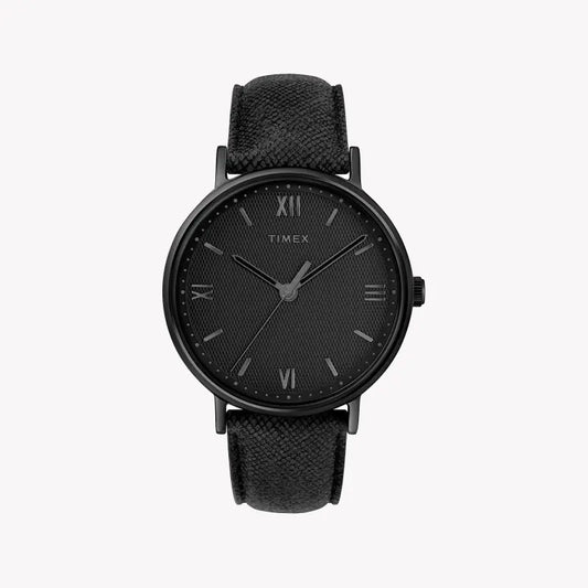 Timex Men's Black Leather Watch, Black Dial | TW2T34900-0