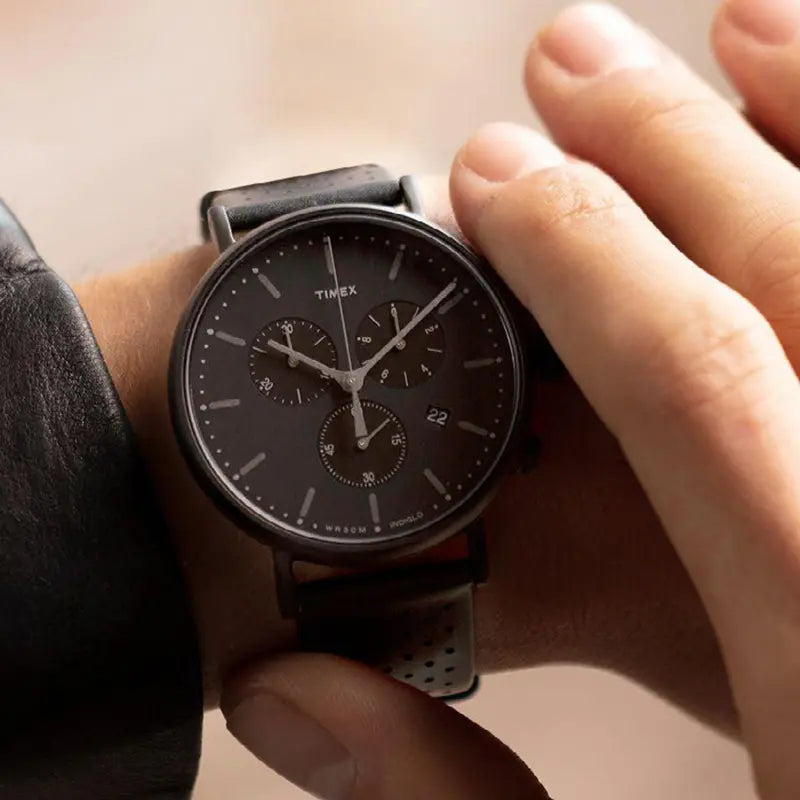Timex Men's Black Leather Watch, Black Dial | TW2T34900-3