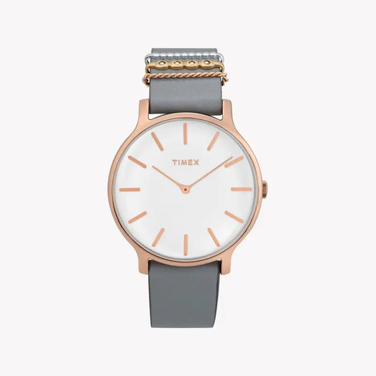 Timex Women's Gray Leather Watch, White Dial | TW2T45400-0