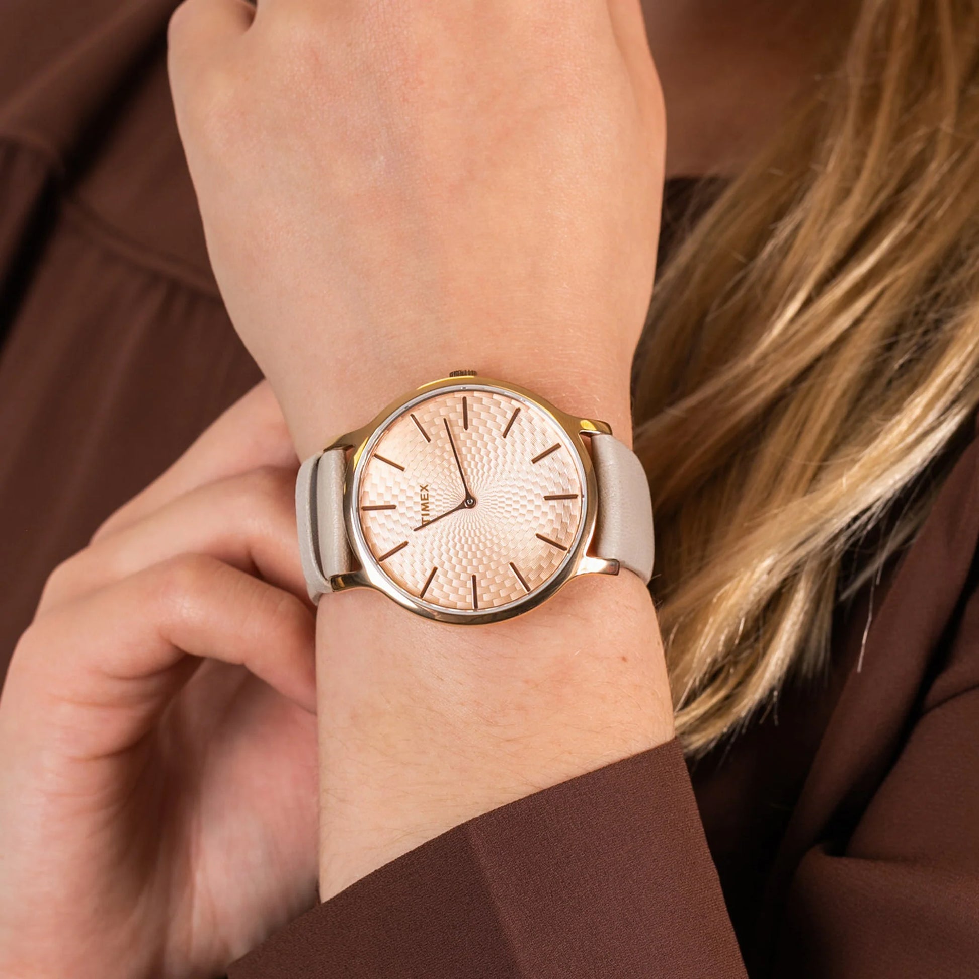 Timex Women's Gray Leather Watch, Rose Gold Dial | TW2R49500-4