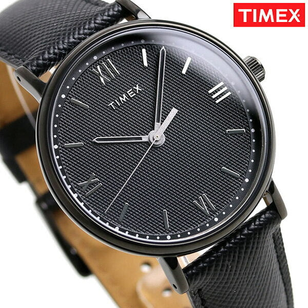 Timex Men's Black Leather Watch, Black Dial | TW2T34900-4