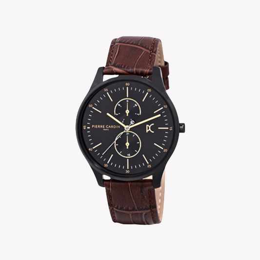 Pierre Cardin Men's Black Watch, Brown Leather Band | CBA.4028-0
