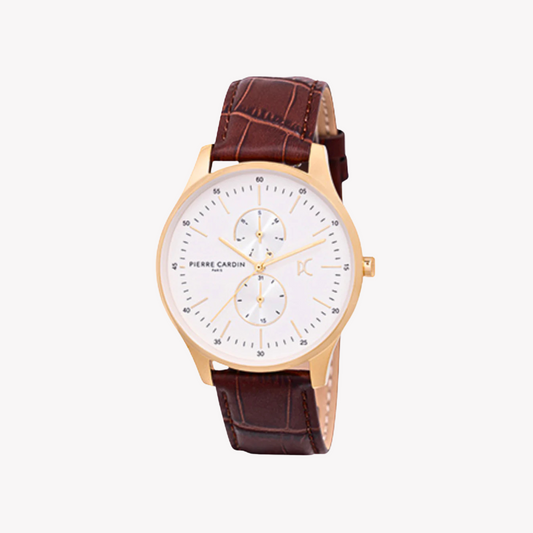 Pierre Cardin Men's Brown Leather Watch, White Dial | CBA.4031-0