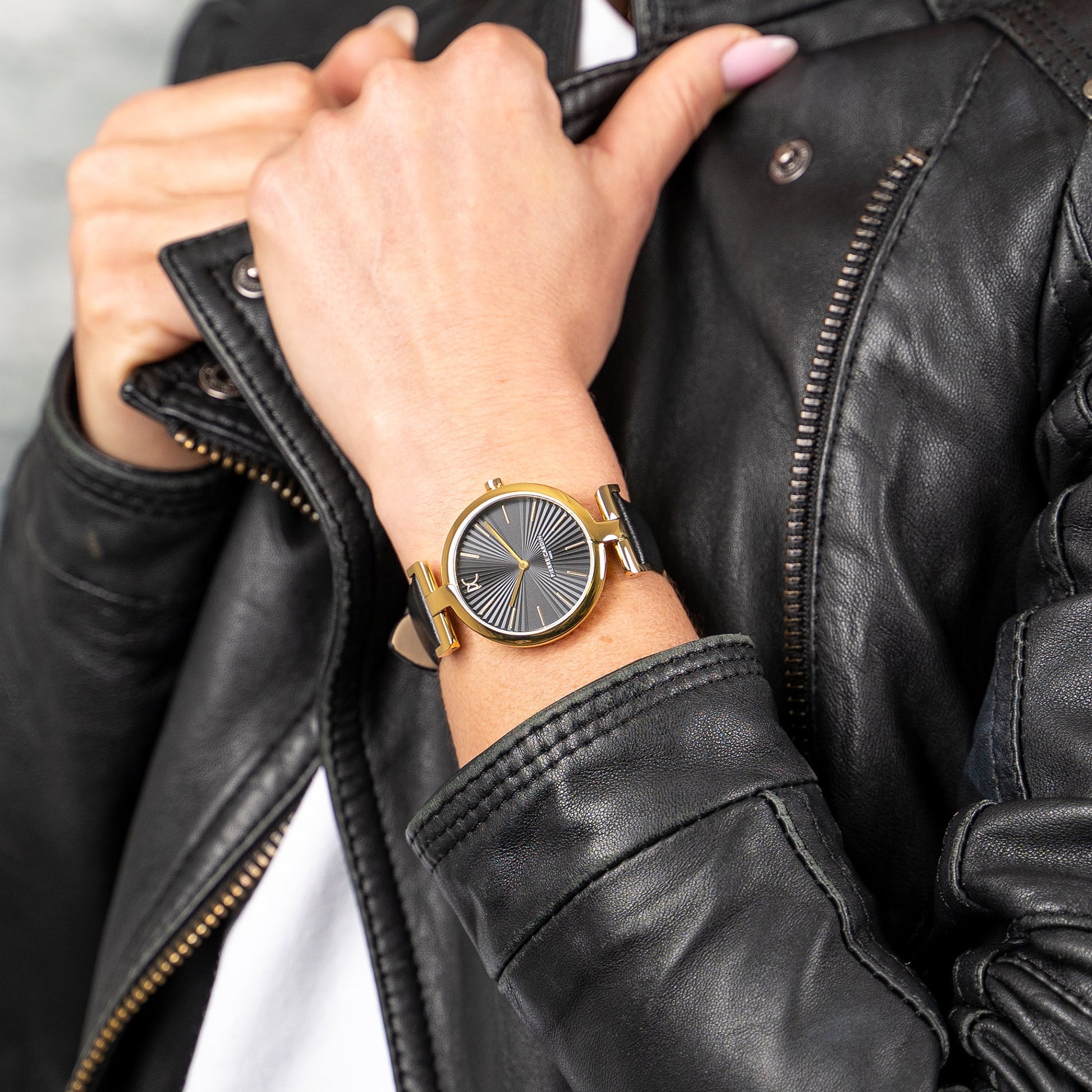 Pierre Cardin Women's Black Leather Watch, Gold Case | CMD.3504-4