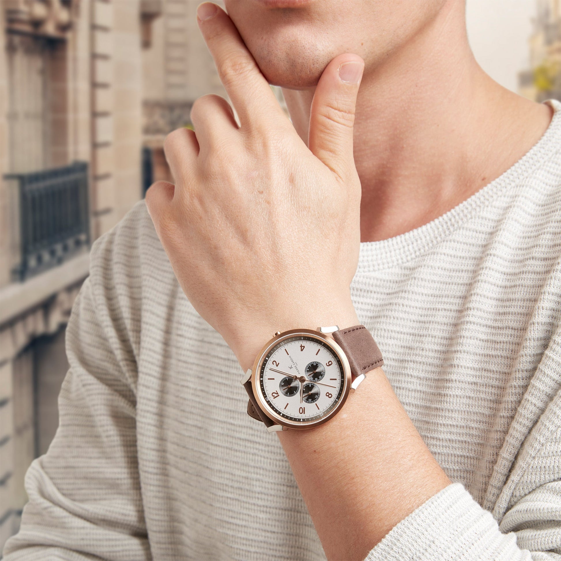 Pierre Cardin Men's Silver & Rose Gold Watch, Brown Leather | CPI.2022-4