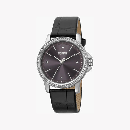 Esprit Women's Black Leather Watch, Burgundy Dial | ES1L235M0095-0