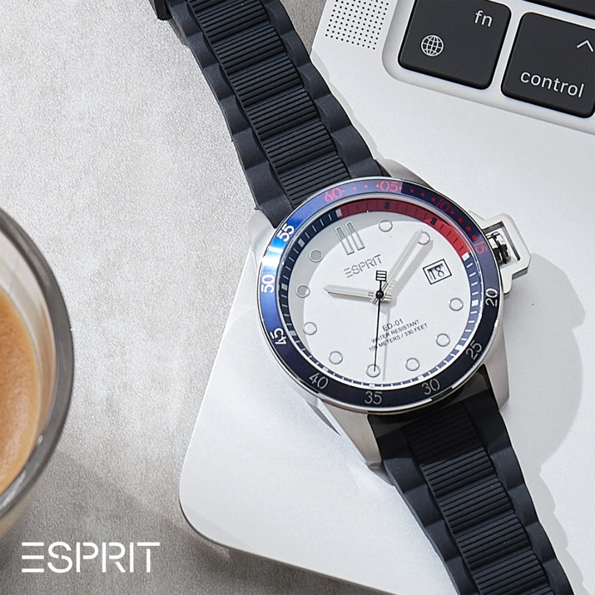 Esprit Men's Silver Dial Watch, Black Rubber Band | ES1G101M0055-3