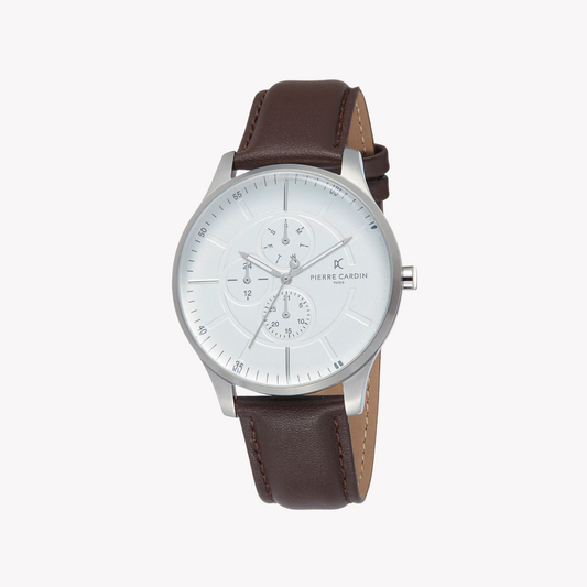 Pierre Cardin Men's Silver Stainless Steel, Brown Leather | PC902731F106-0
