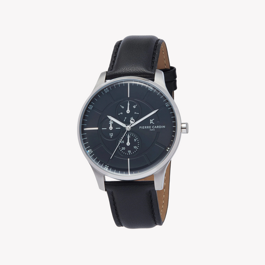 Pierre Cardin Men's Black Leather Watch, Silver Case | PC902731F109-0