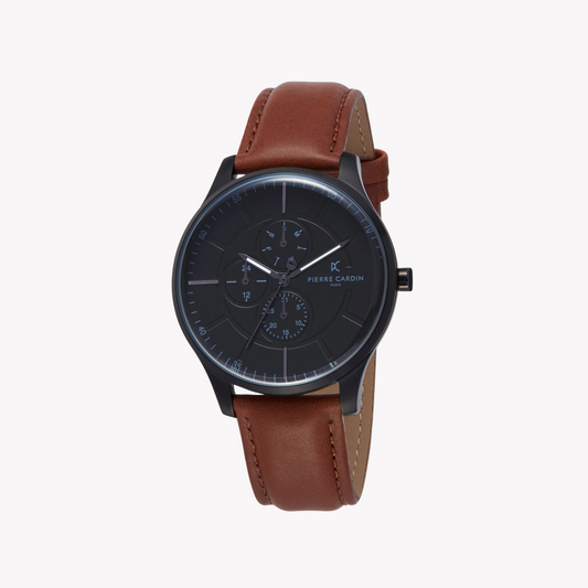 Pierre Cardin Men's Black Watch, Brown Leather Band | PC902731F119-0