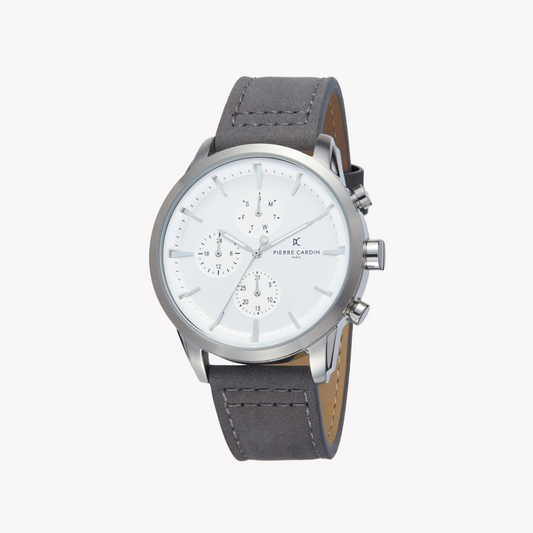 Pierre Cardin Men's Gray Leather Watch, Silver Case | PC902741F101-0