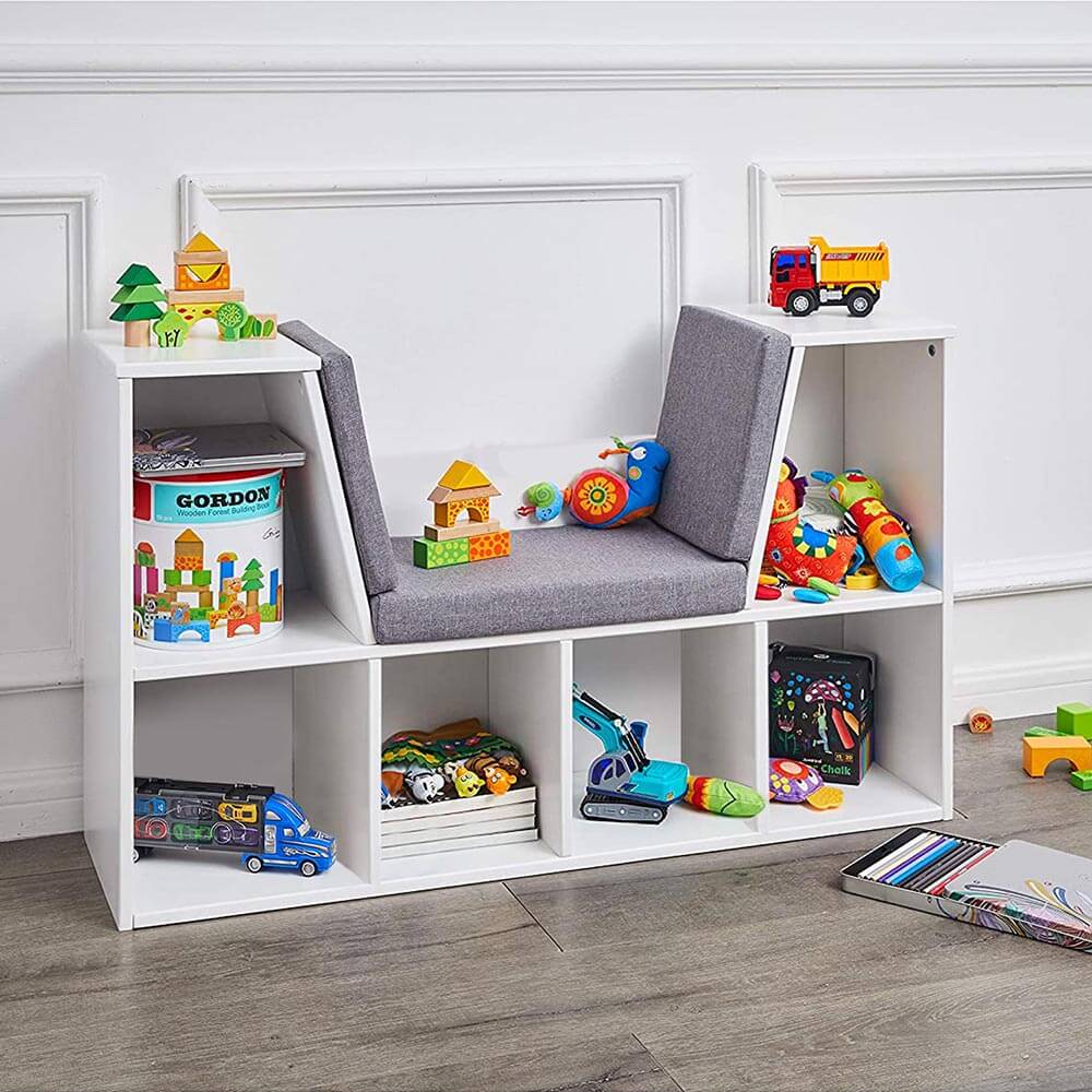 Storage shelf with seat and cushion-3