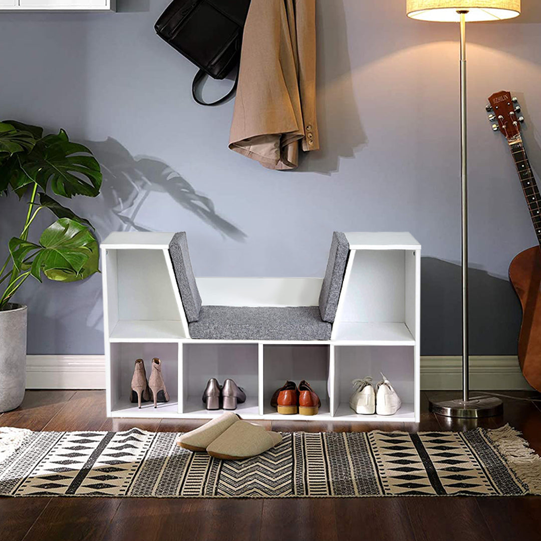 Storage shelf with seat and cushion-1